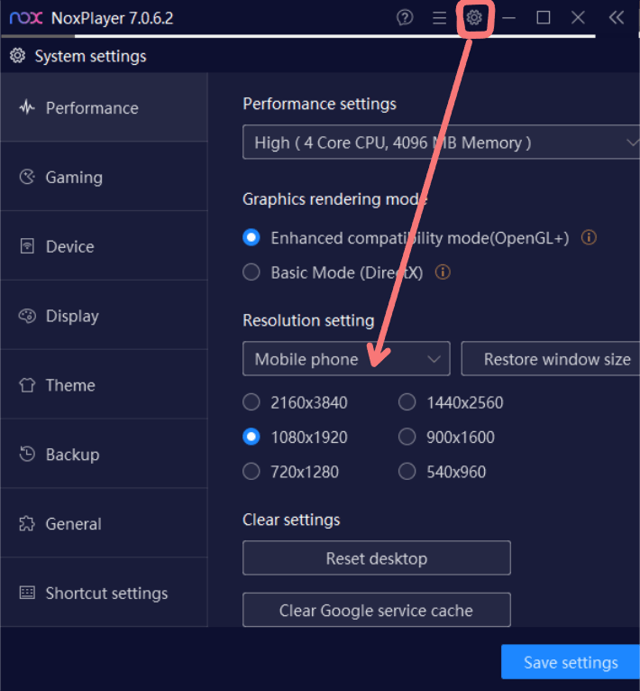 Screenshot of portrait resolution settings in Nox Android Emulator