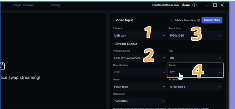 Screenshot of selecting OBS Virtual Camera and resolution in Swapface Stream