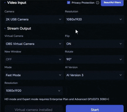 Demo of rotating the face preview in Swapface Stream