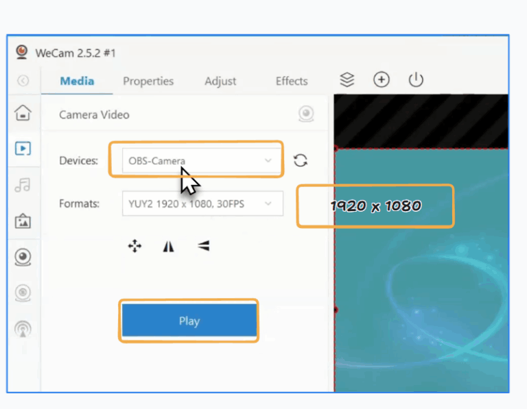 Screenshot of selecting OBS Virtual Camera in WeCam
