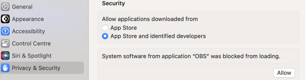 Screenshot of the macOS Privacy & Security prompt while installing OBS