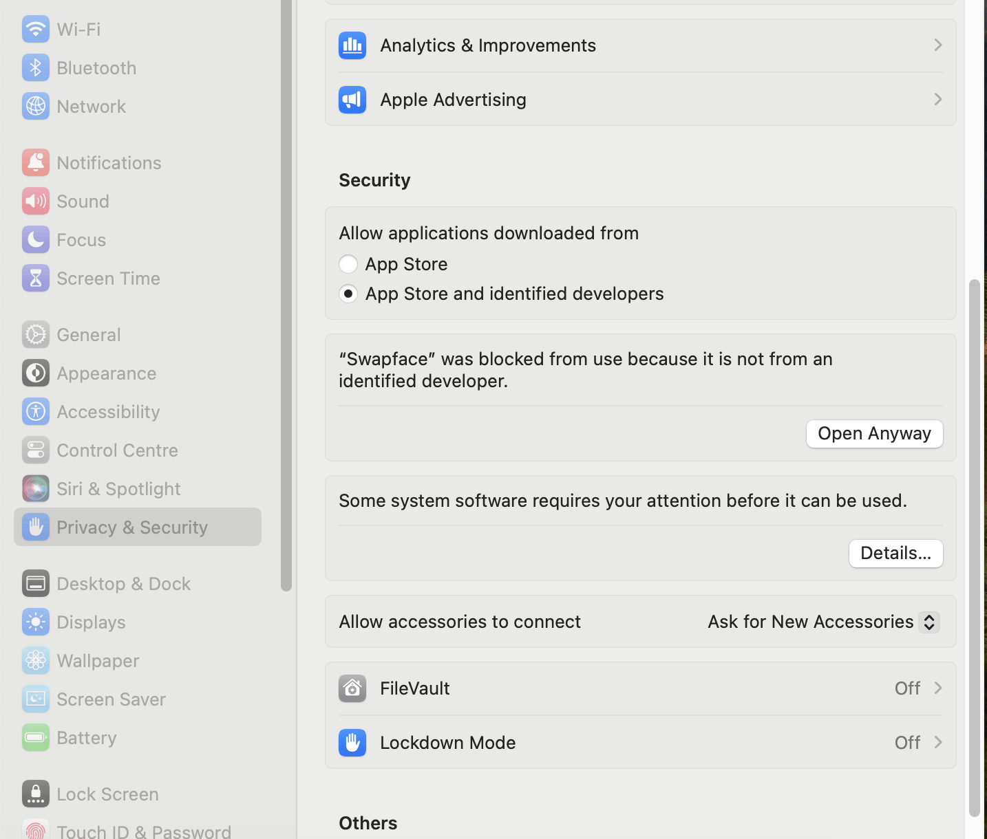 Allow Open Anyway for Swapface in macOS Privacy & Security