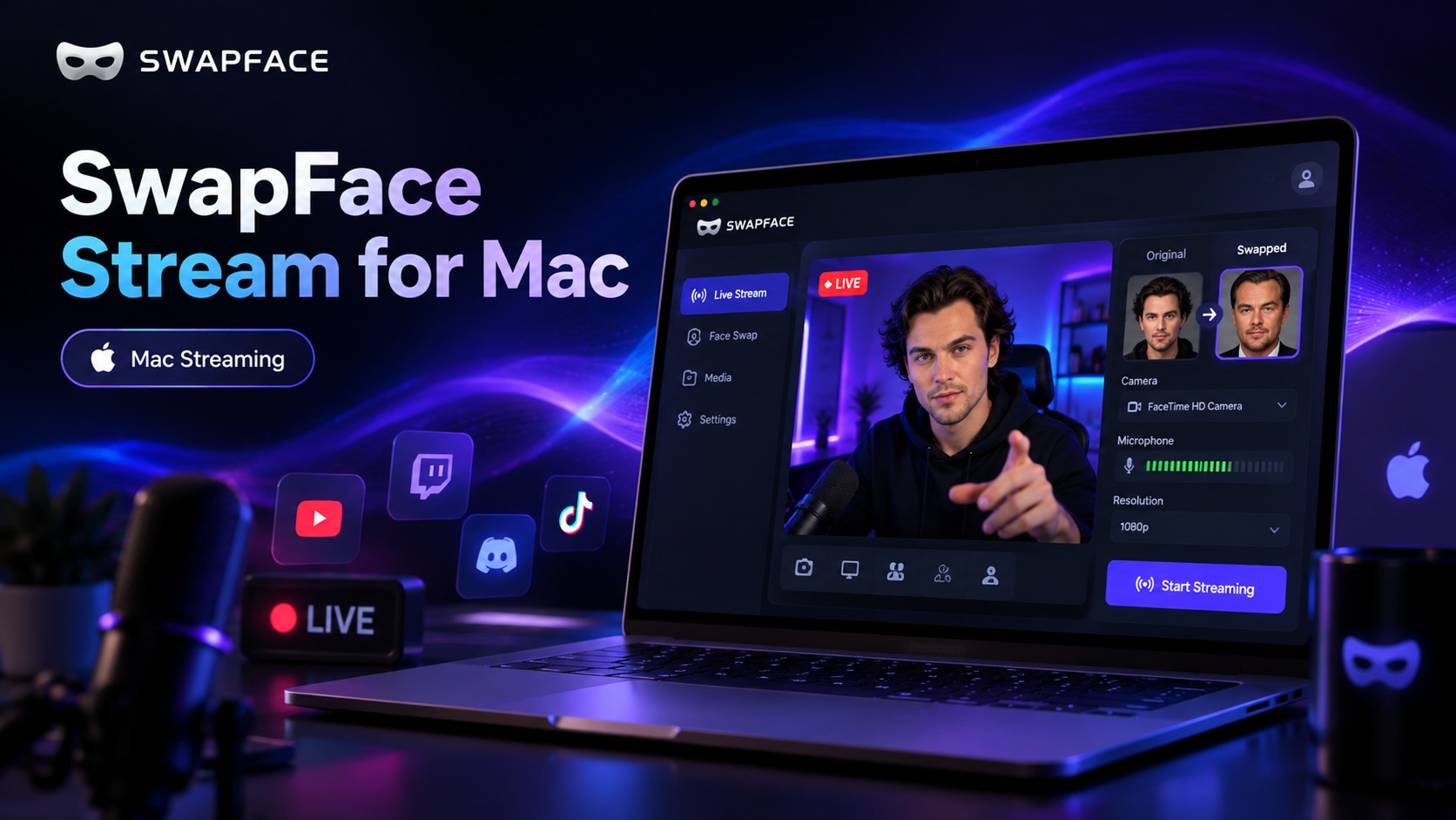 Luồng kết nối Swapface Mac Stream: camera qua Swapface và OBS Virtual Camera đến ứng dụng gọi video