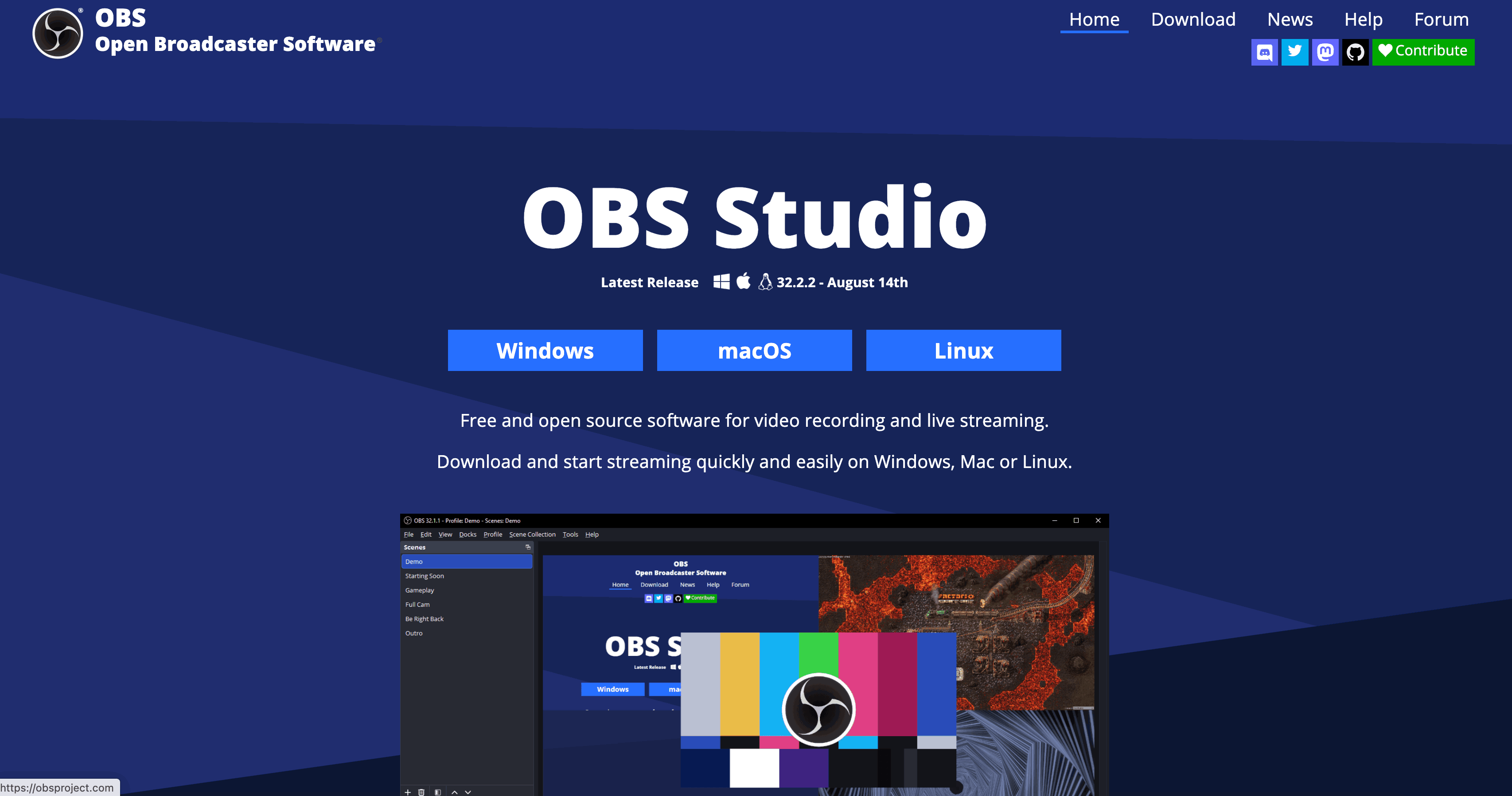 Screenshot of the OBS Studio download page