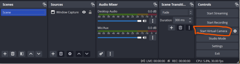 OBS Virtual Camera error prompt and Start Virtual Camera interface