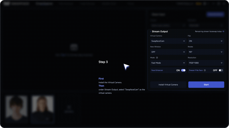 Swapface Stream tutorial step 3: install the virtual camera and select SwapFaceCam