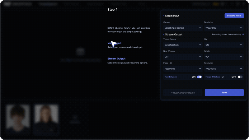 Swapface Stream tutorial step 4: configure input/output and click Start for realtime face swap