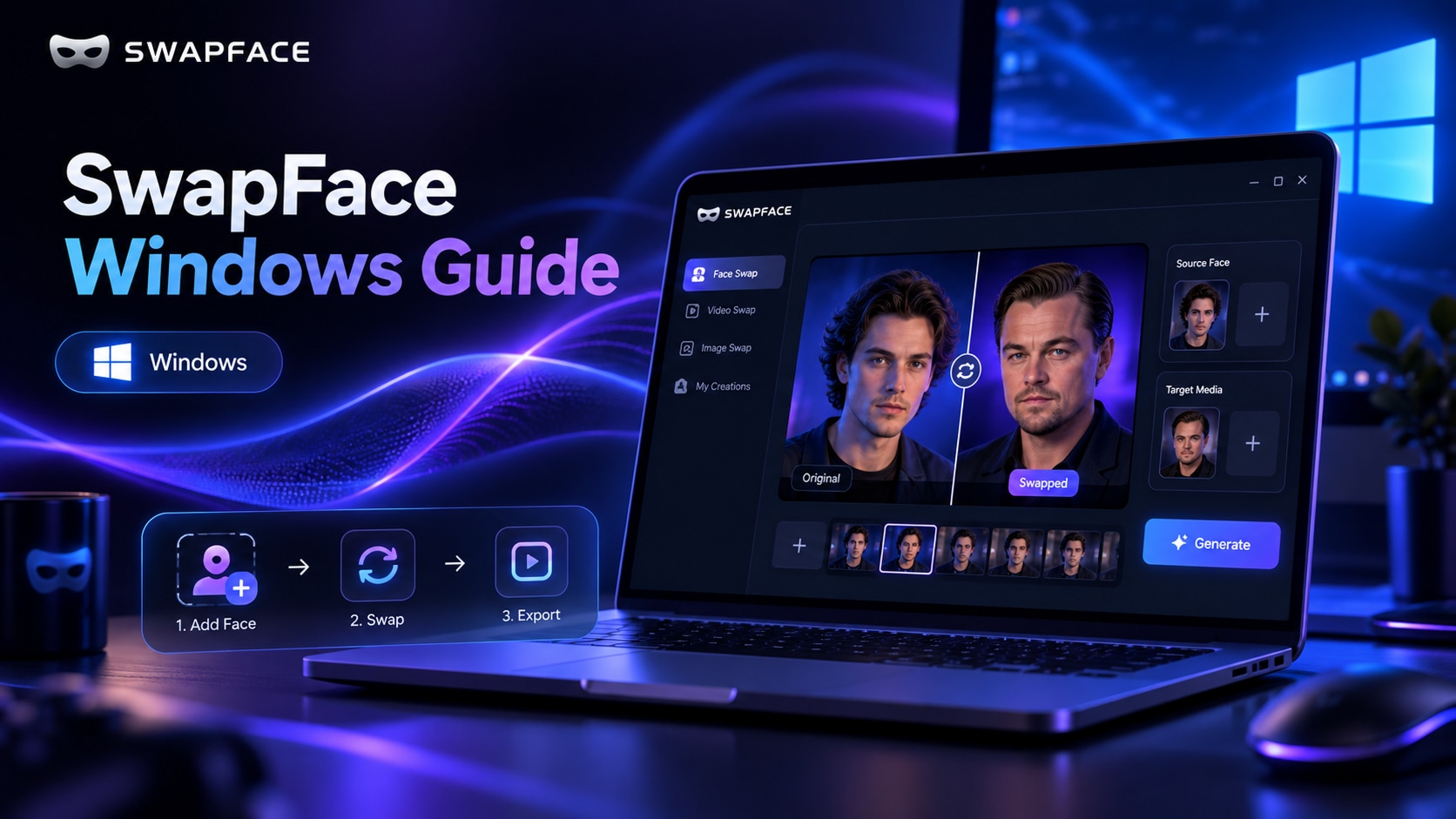 Ảnh bìa hướng dẫn sử dụng SwapFace Windows hiển thị giao diện đổi mặt thời gian thực