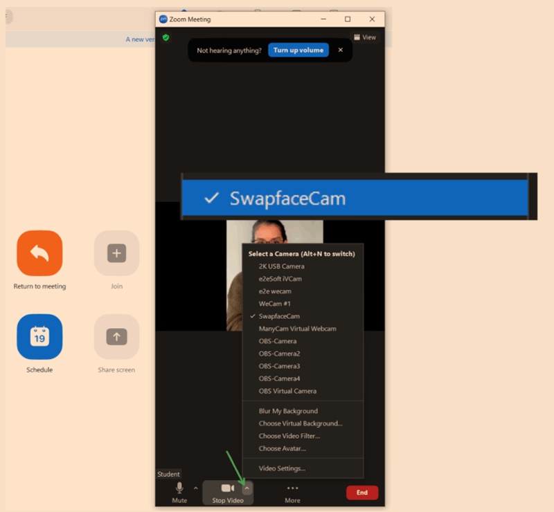 Selecting SwapFaceCam as the virtual camera in Zoom video settings