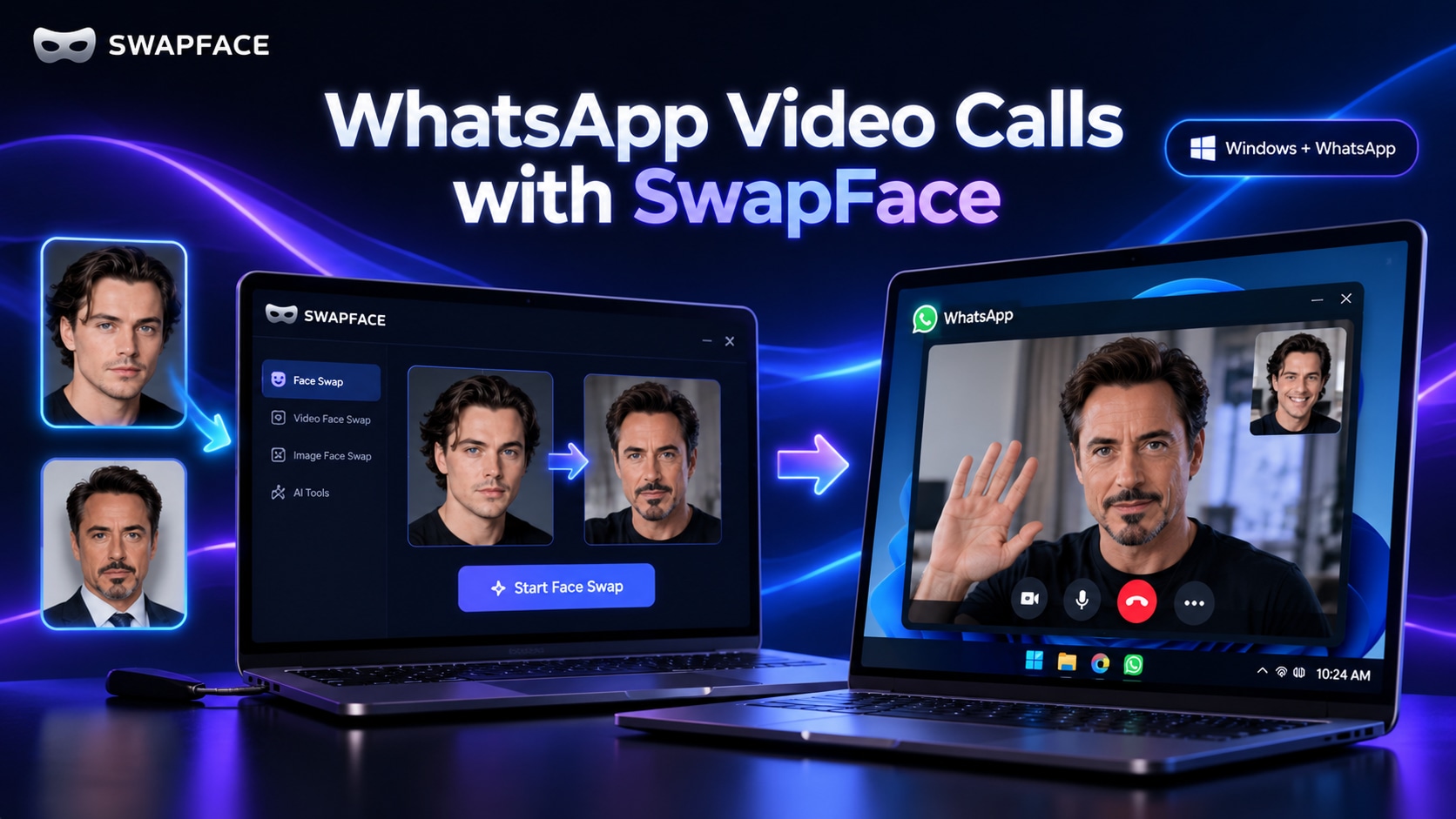 Sơ đồ cách Swapface kết nối với cuộc gọi video WhatsApp qua ManyCam hoặc WeCam