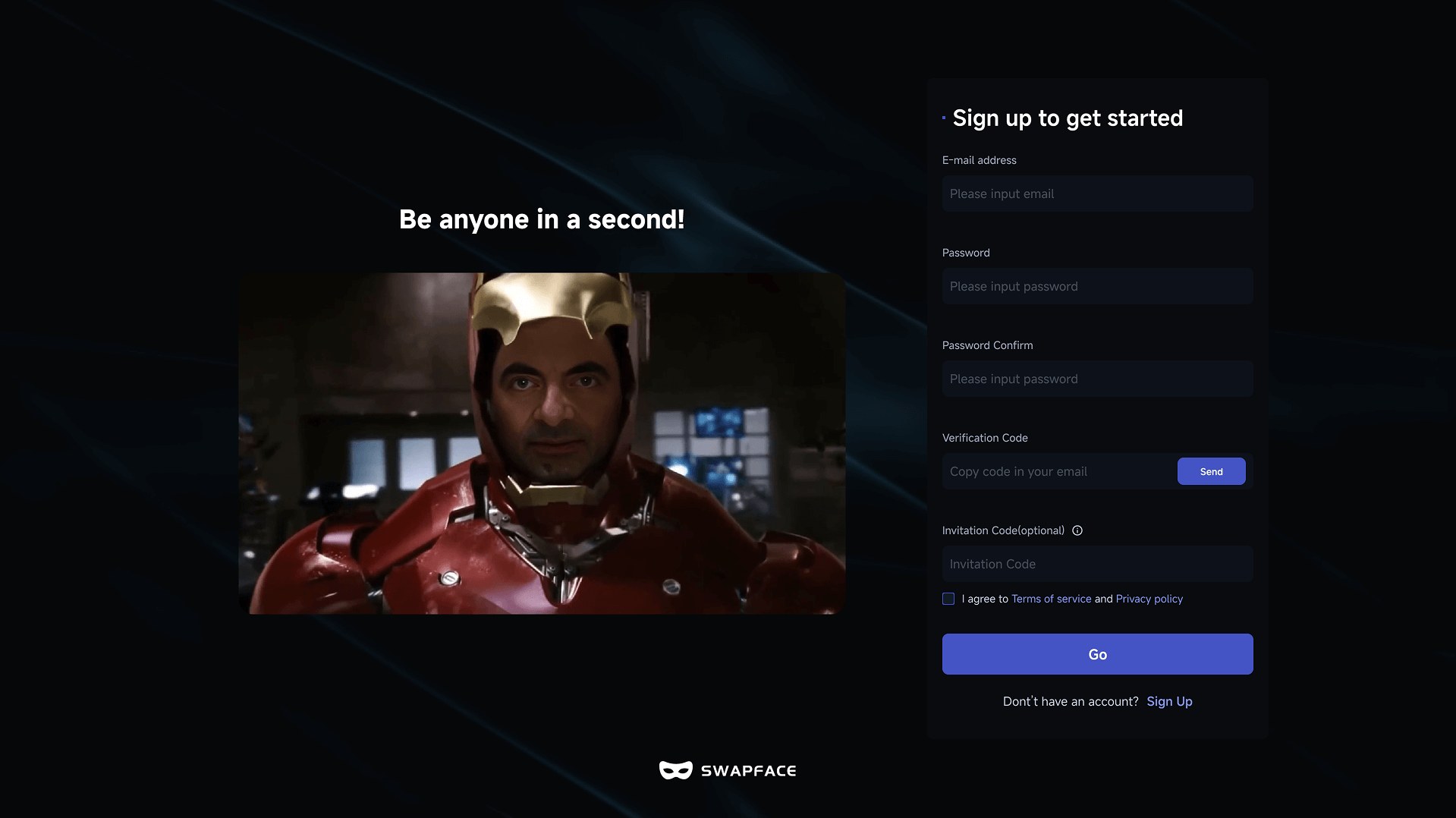 Swapface sign-up page